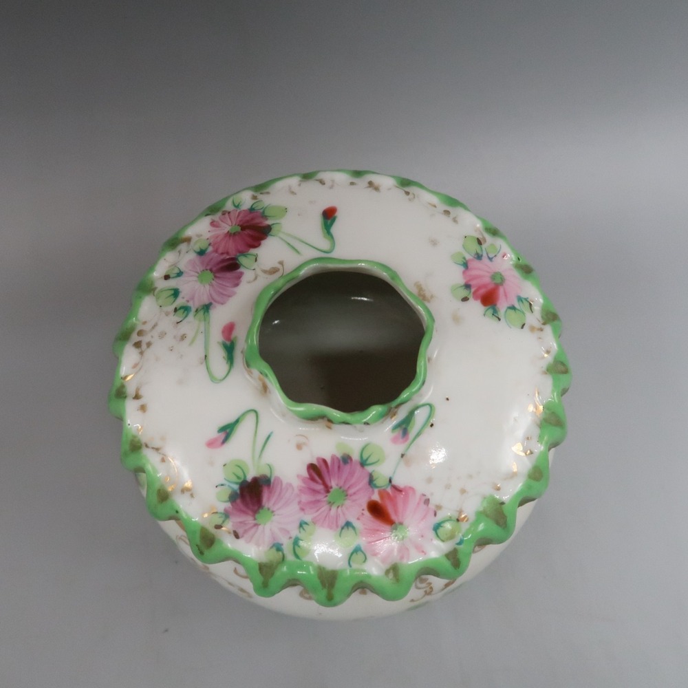 Nippon Hair Receiver Floral White Hand Painted Porcelain Green Trim Granny Core